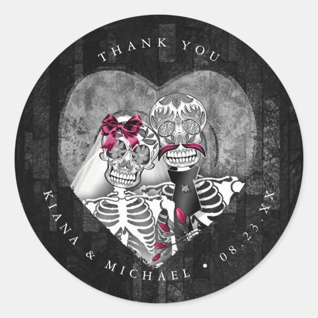 Skeletons Gothic Thank You Burgundy ID866 Classic Round Sticker (Front)