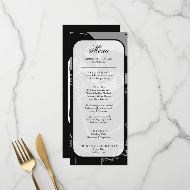 Skeletons gothiques Menu Mariage noir et blanc (Devant/Arrière en situation)