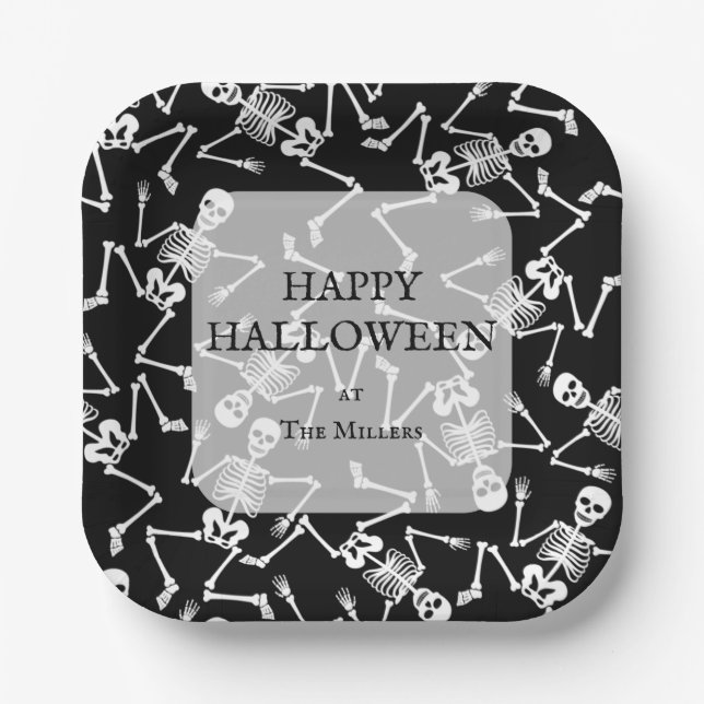 Skeletons Halloween Party Black Paper Plate (Front)