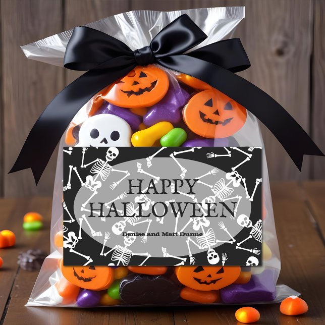 Skeletons Happy Halloween Sticker (Happy Halloween and skeletons on black rectangle stickers)