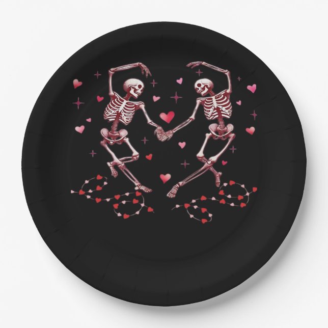 Skeletons Holding Hands Heart Valentines Day Desig Paper Plate (Front)