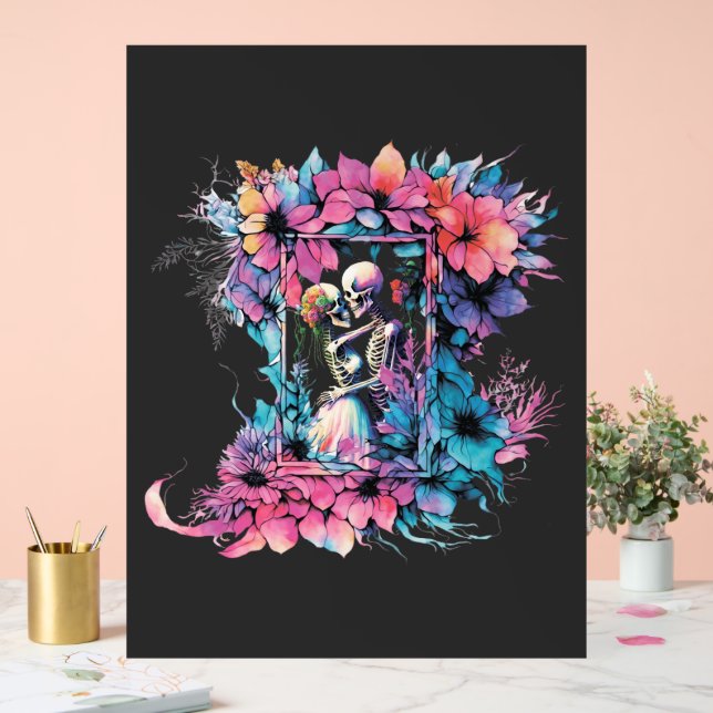 Skeletons in love. A bouquet of flowers. Acrylic Sign (Wedding)