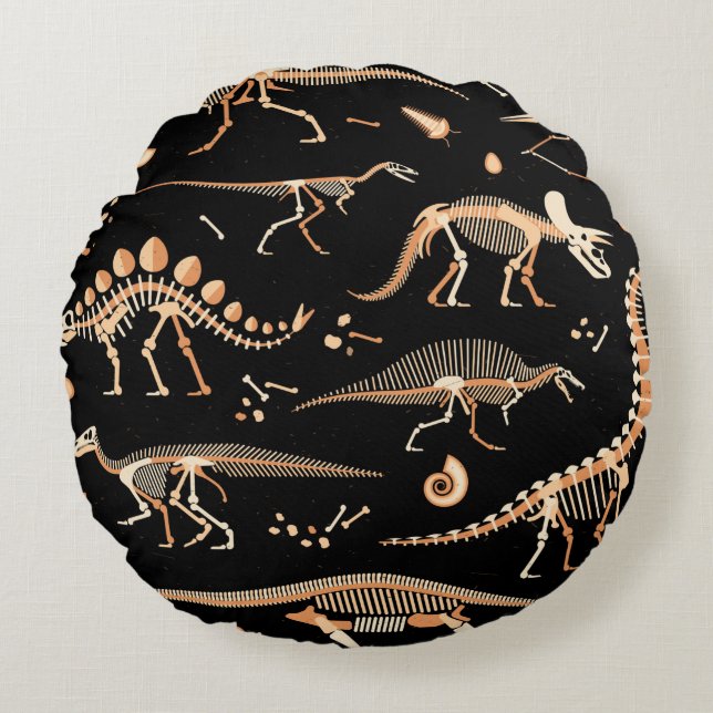 Skeletons of dinosaurs and fossils pattern round pillow (Front)