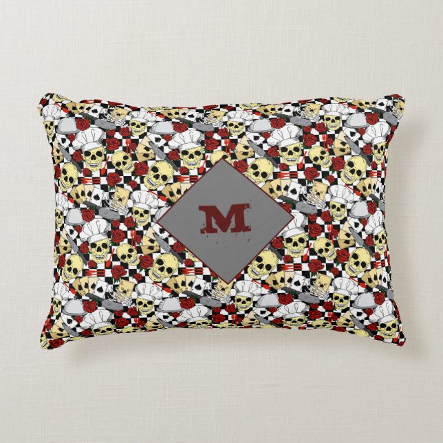 Skeletons Skulls in Chef Hats and Red Roses Print Accent Pillow (Front)