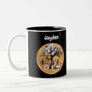 Skeleton's Walking Their Dogs in Costumes Two-Tone Coffee Mug
