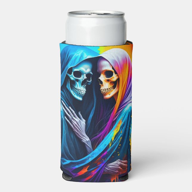 Skeletons Wrapped in a Rainbow Seltzer Can Cooler (Seltzer Front)