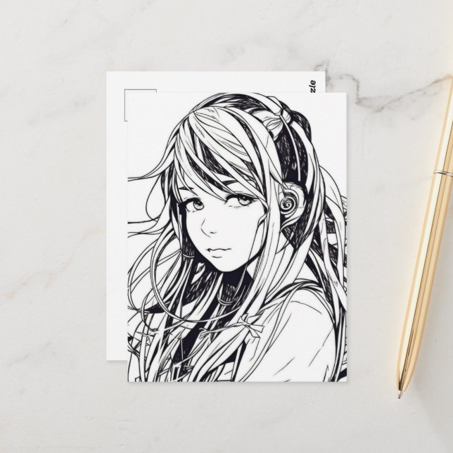 Sketch Anime Manga Girl Portrait Postcard (Front/Back In Situ)