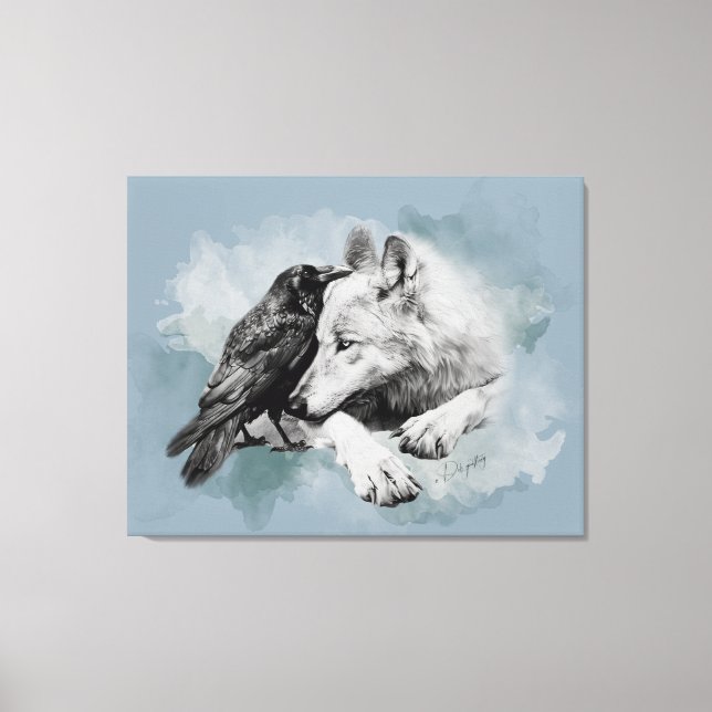 Sketch Black and White Wolf and Crow  Canvas Print (Front)