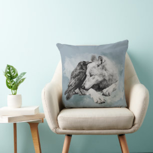 Sketch Black and White Wolf and Crow Throw Pillow