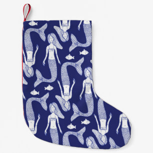Sketch mermaid and fish pattern in vintage style,  small christmas stocking