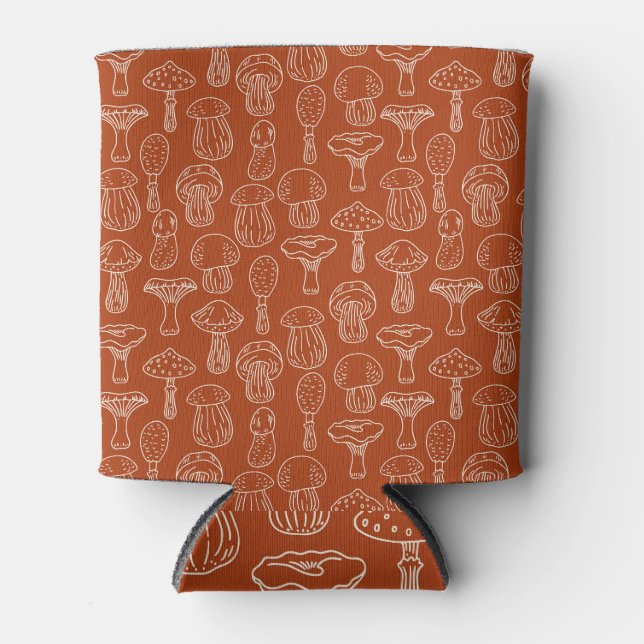 Sketch Mushrooms: Cute Seamless Background. Can Cooler (Front)