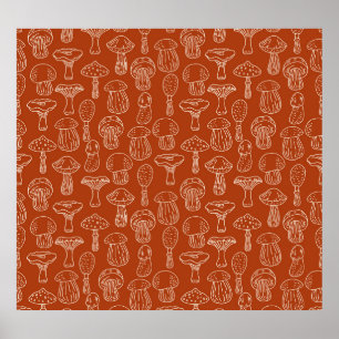 Sketch Mushrooms: Cute Seamless Background. Poster