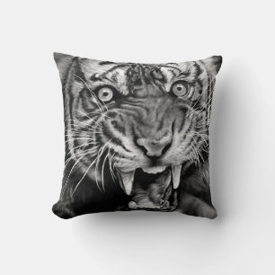 Sketch of a wild tiger in black and whiteblack,whi throw pillow