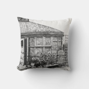 sketch of dog in garden with plants and fencing throw pillow