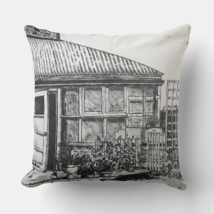 sketch of dog in garden with plants and fencing throw pillow