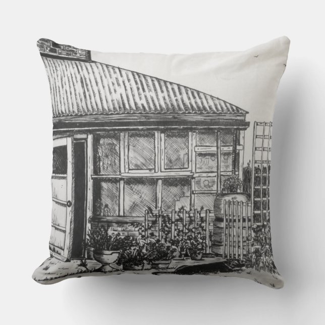 sketch of dog in garden with plants and fencing throw pillow (Front)
