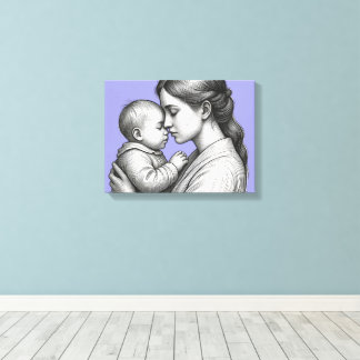 sketch of mother and baby on blue background canvas print