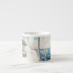 Sketch of sail vessel surfing through sea espresso cup