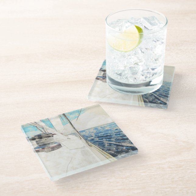 Sketch of Sail Vessel Surfing Through Sea  Glass Coaster (Angled)