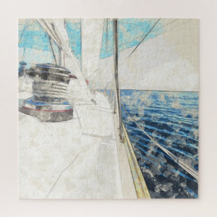 Sketch of sail vessel surfing through sea jigsaw puzzle