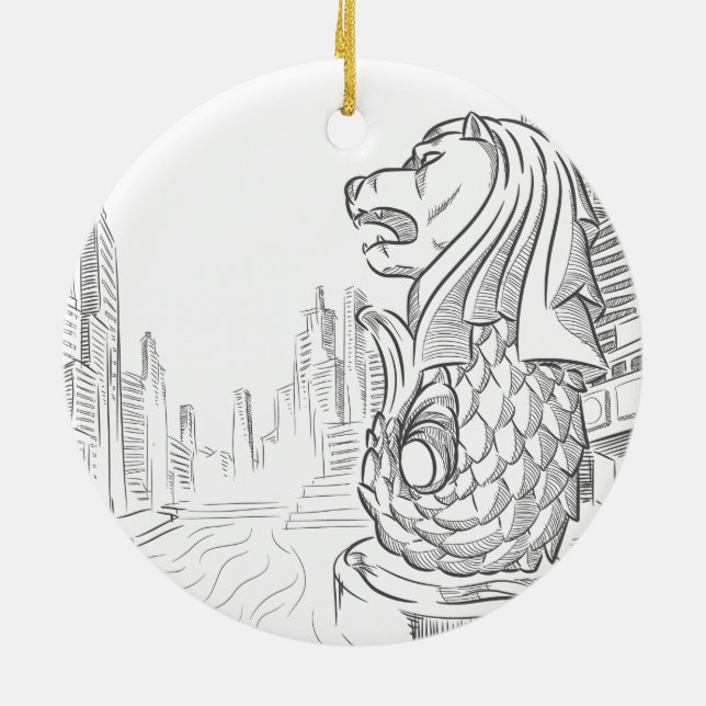 Sketch of Singapore Tourism Landmark - Merlion Ceramic Ornament (Back)