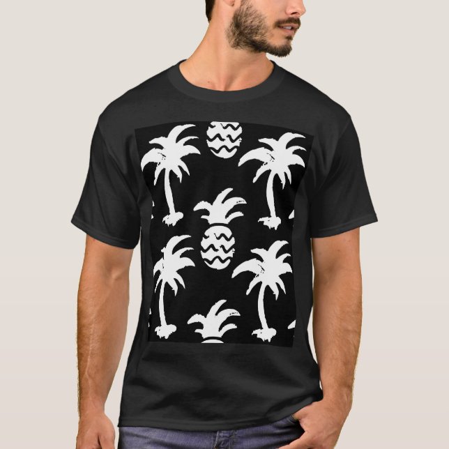 Sketch palm trees, pineapples, monochrome pattern. T-Shirt (Front)