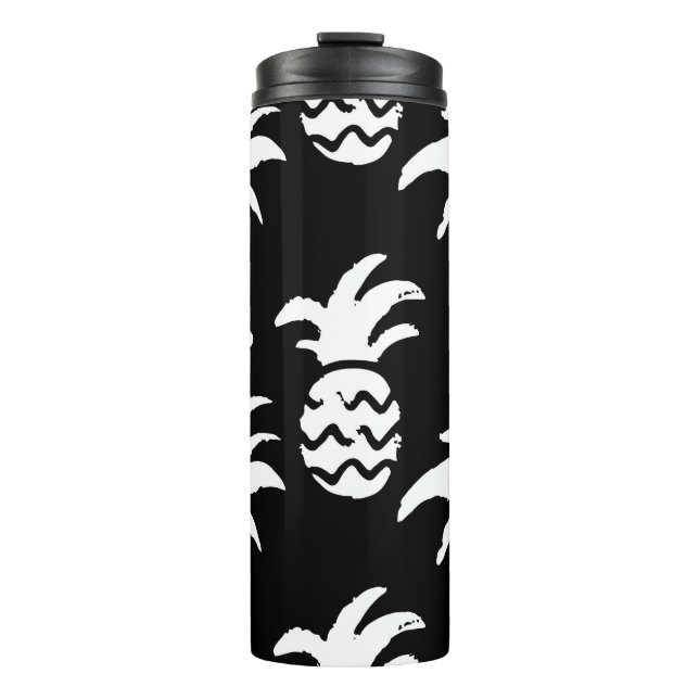 Sketch palm trees, pineapples, monochrome pattern. thermal tumbler (Front)