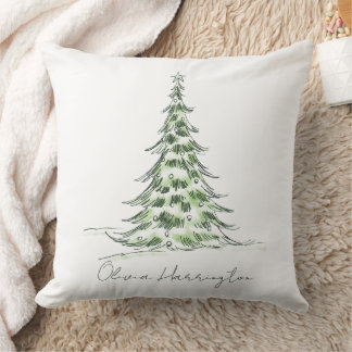 Sketch Pine Christmas Tree Minimal Script Name Throw Pillow