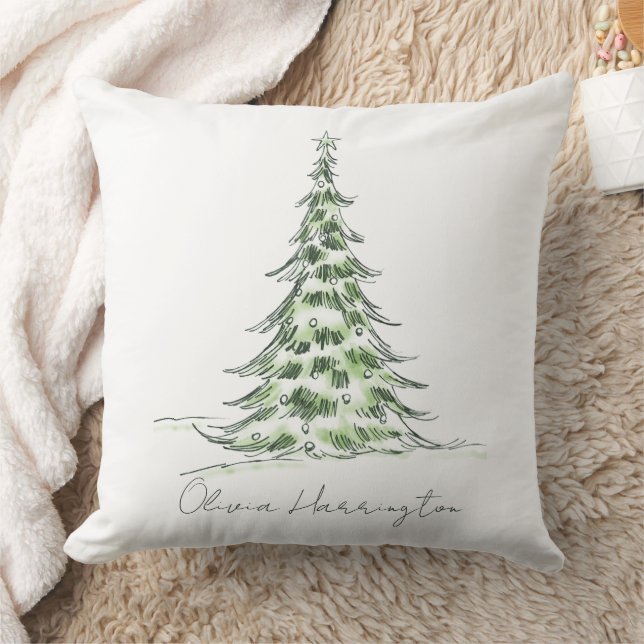 Sketch Pine Christmas Tree Minimal Script Name Throw Pillow (Blanket)