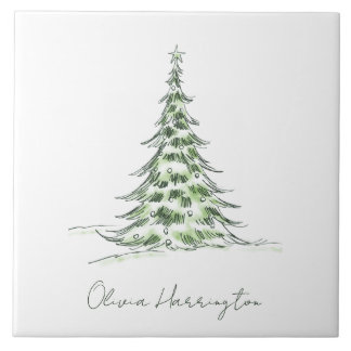 Sketch Pine Christmas Tree Minimal Script Name Tile