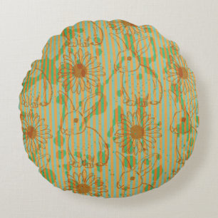 Sketch rabbit and chamomile, vintage seamless patt round pillow