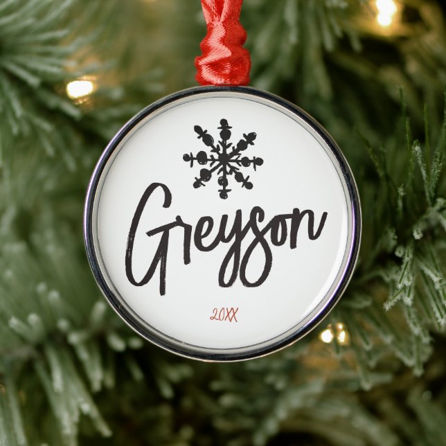 Sketch Snowflake Custom Name Christmas Metal Ornament (Tree)