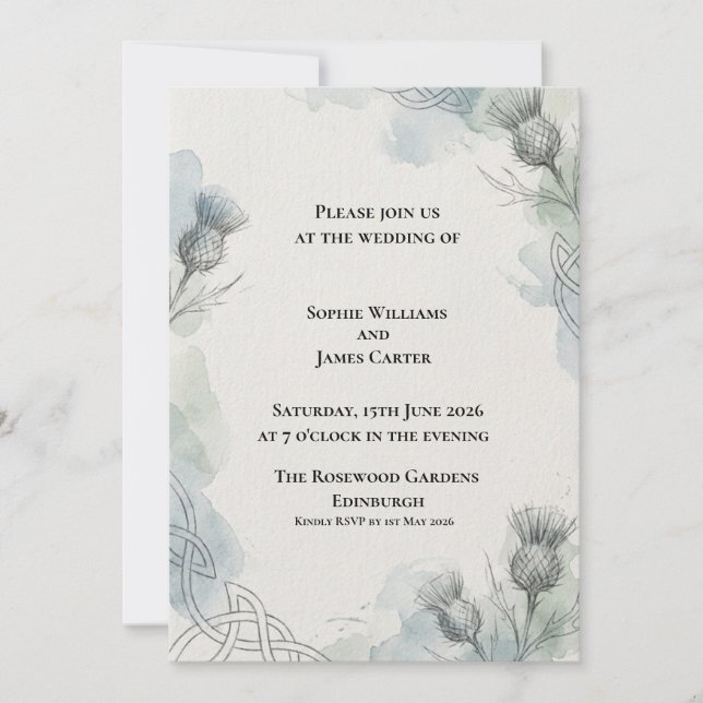 Sketch Thistle Celtic Knot Scottish Wedding Invitation (Front)