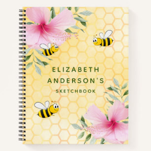 Sketchbook bees yellow honeycomb pink flowers notebook