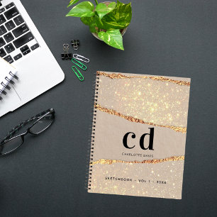 Sketchbook beige gold agate marble monogram notebook