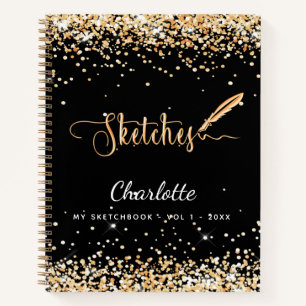 Sketchbook black gold glitter name script notebook