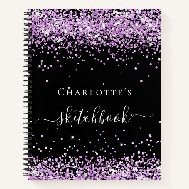 Sketchbook black purple violet glitter name script notebook (Front)