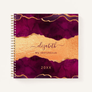 Sketchbook burgundy purple agate marble gold notebook