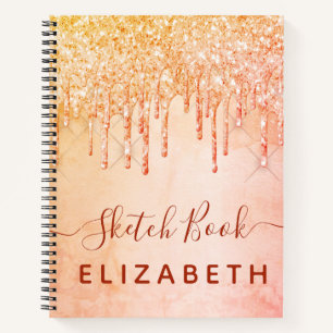 Sketchbook coral rose gold pink glitter drips glam notebook