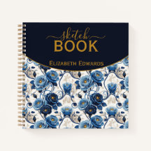 Sketchbook Elegant Blue Roses and Gold Personalize