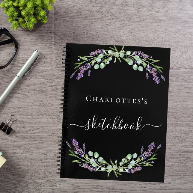 Sketchbook lavender greenery violet florals black notebook (Creator Uploaded)