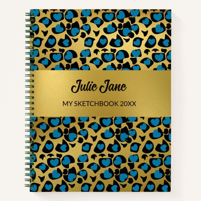 Sketchbook leopard pattern emerald blue gold note notebook (Front)