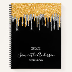 Sketchbook monogram black gold silver glitter drip notebook