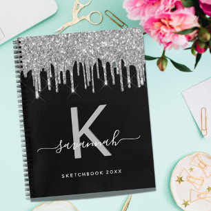 Sketchbook monogram black silver glitter drips notebook