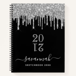 Sketchbook monogram black silver glitter year notebook