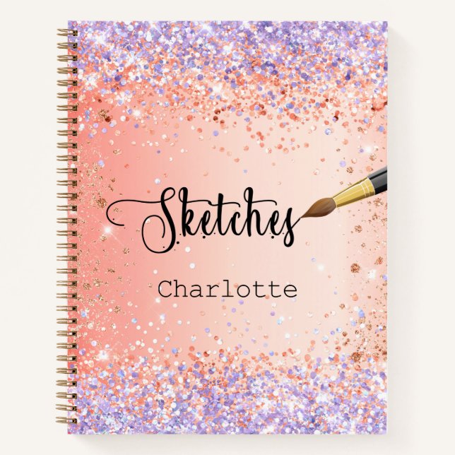 Sketchbook orange purple rose gold glitter paint notebook (Front)