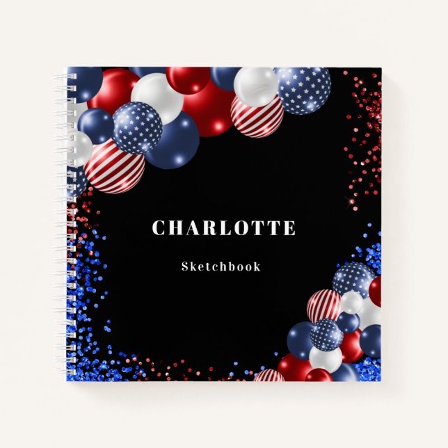Sketchbook patriotic red white blue black balloons notebook (Front)