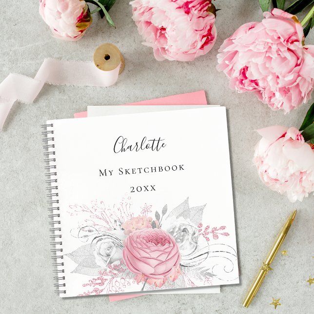 Sketchbook pink floral silver foliage white name notebook (Creator Uploaded)