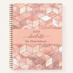 Sketchbook rose gold cube marble name glitter notebook