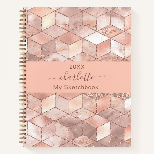Sketchbook rose gold cube marble name glitter notebook (Front)
